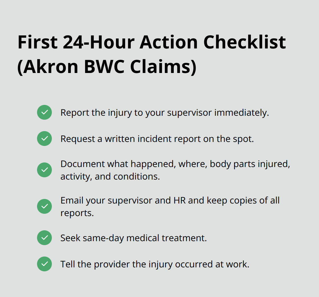 Checklist of immediate steps to take after a workplace injury in Akron, Ohio - Akron BWC claim guidance