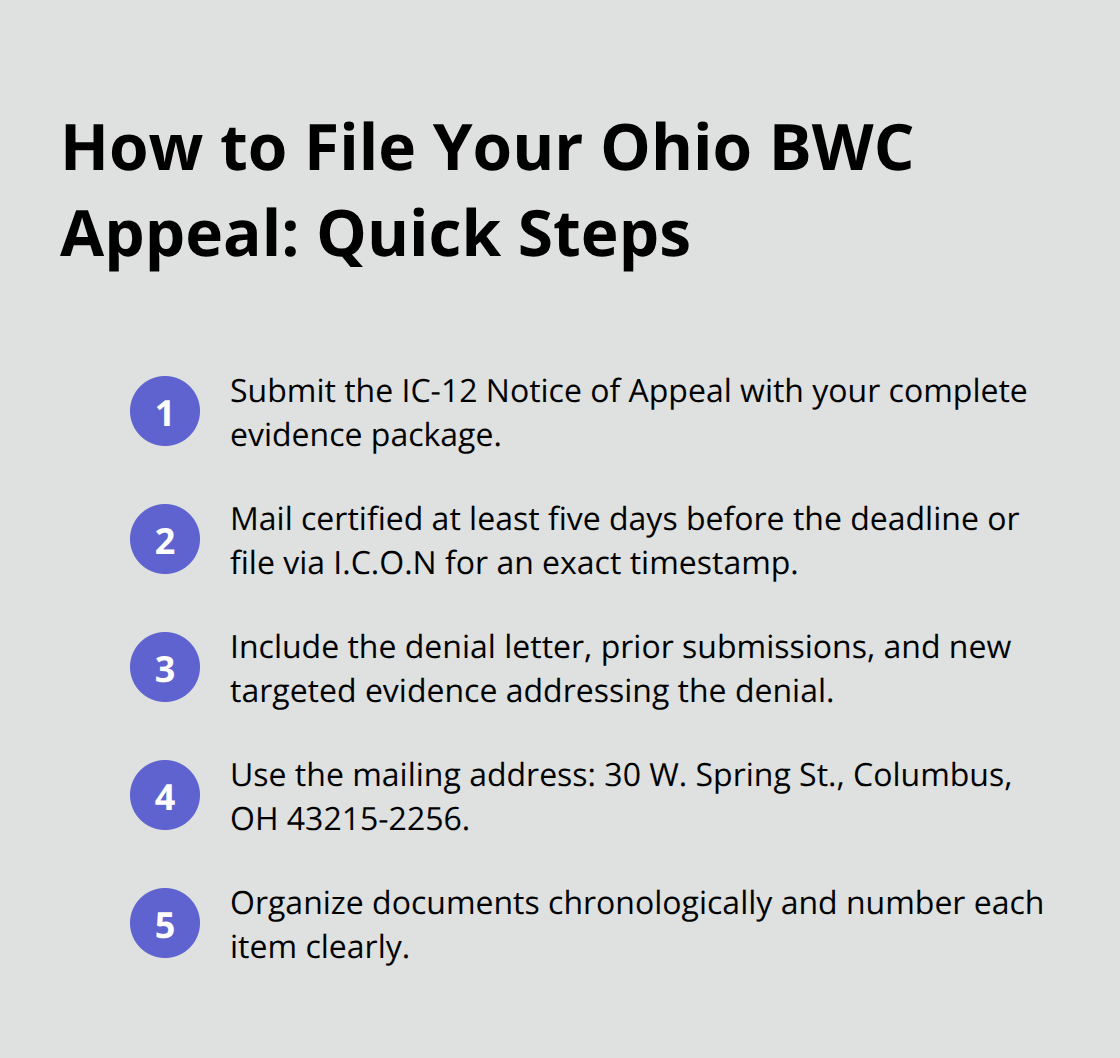 Compact list of key steps to file an Ohio BWC appeal on time and correctly. - appeal ohio bwc denial