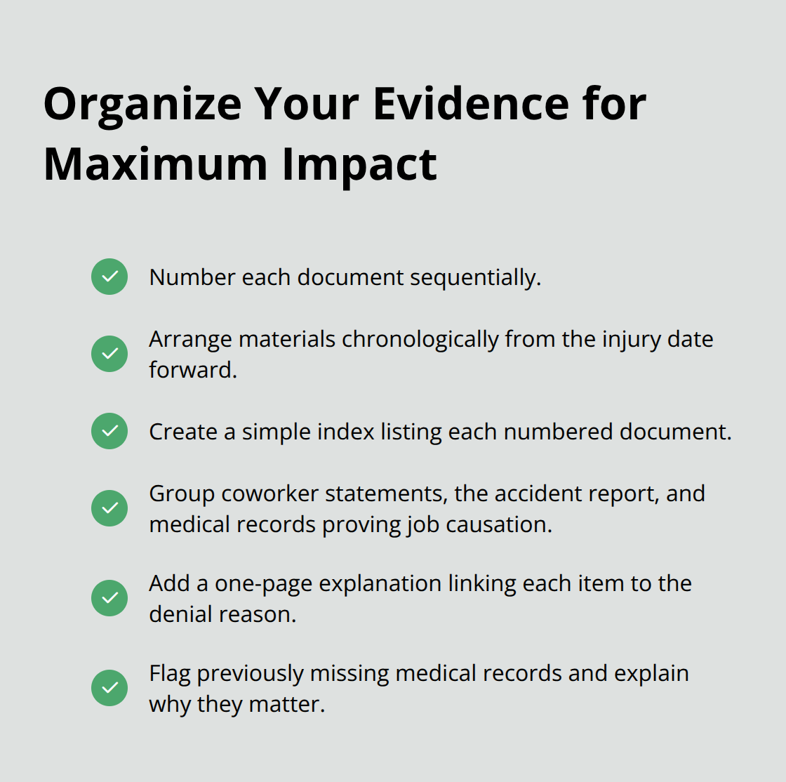 Checklist of best practices to organize an Ohio BWC appeal evidence package.