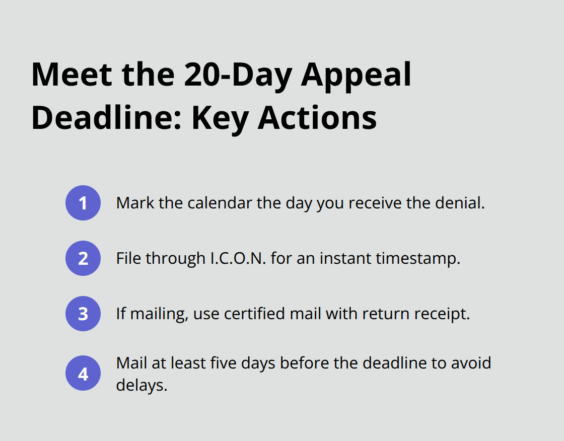 Compact list of the essential steps to meet the 20-day workers' compensation appeal deadline in Ohio. - BWC claim denial reasons
