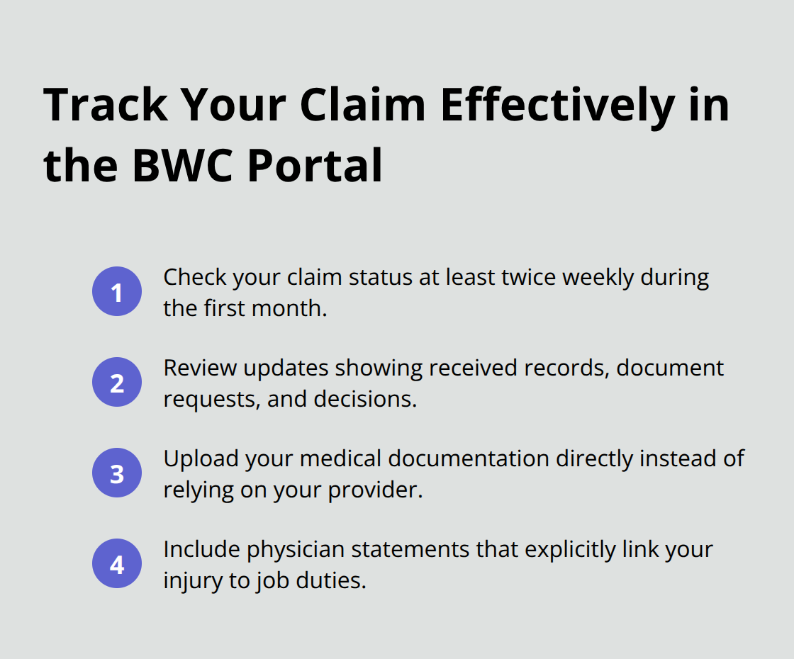 Key actions to stay on top of your claim in the Ohio BWC online portal. - BWC claim filing guide