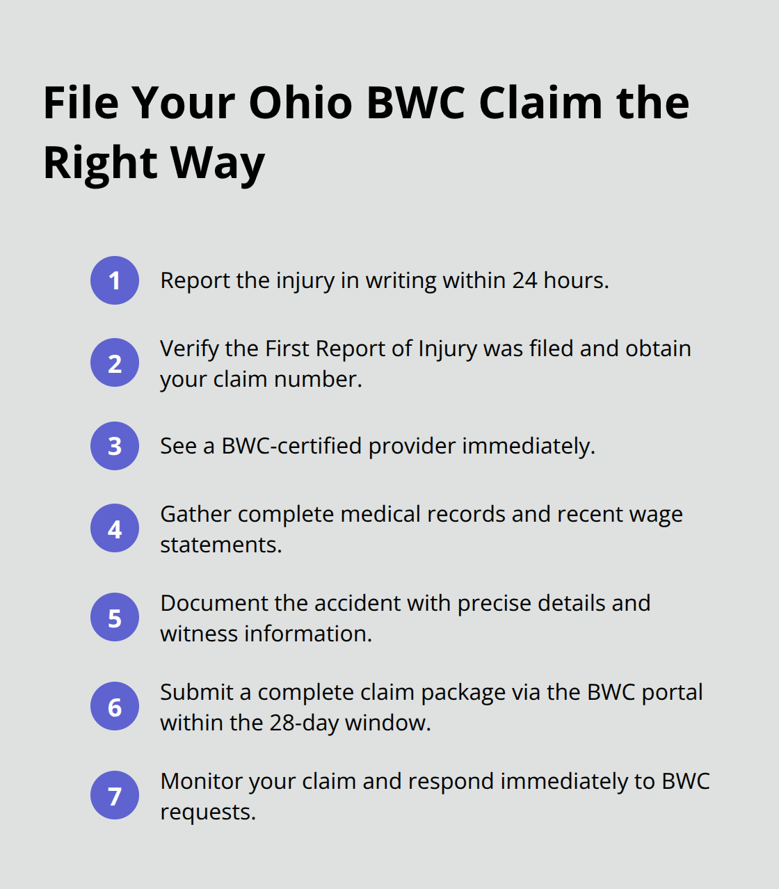 Compact checklist of essential steps to file an Ohio BWC claim correctly. - BWC claim guide Ohio