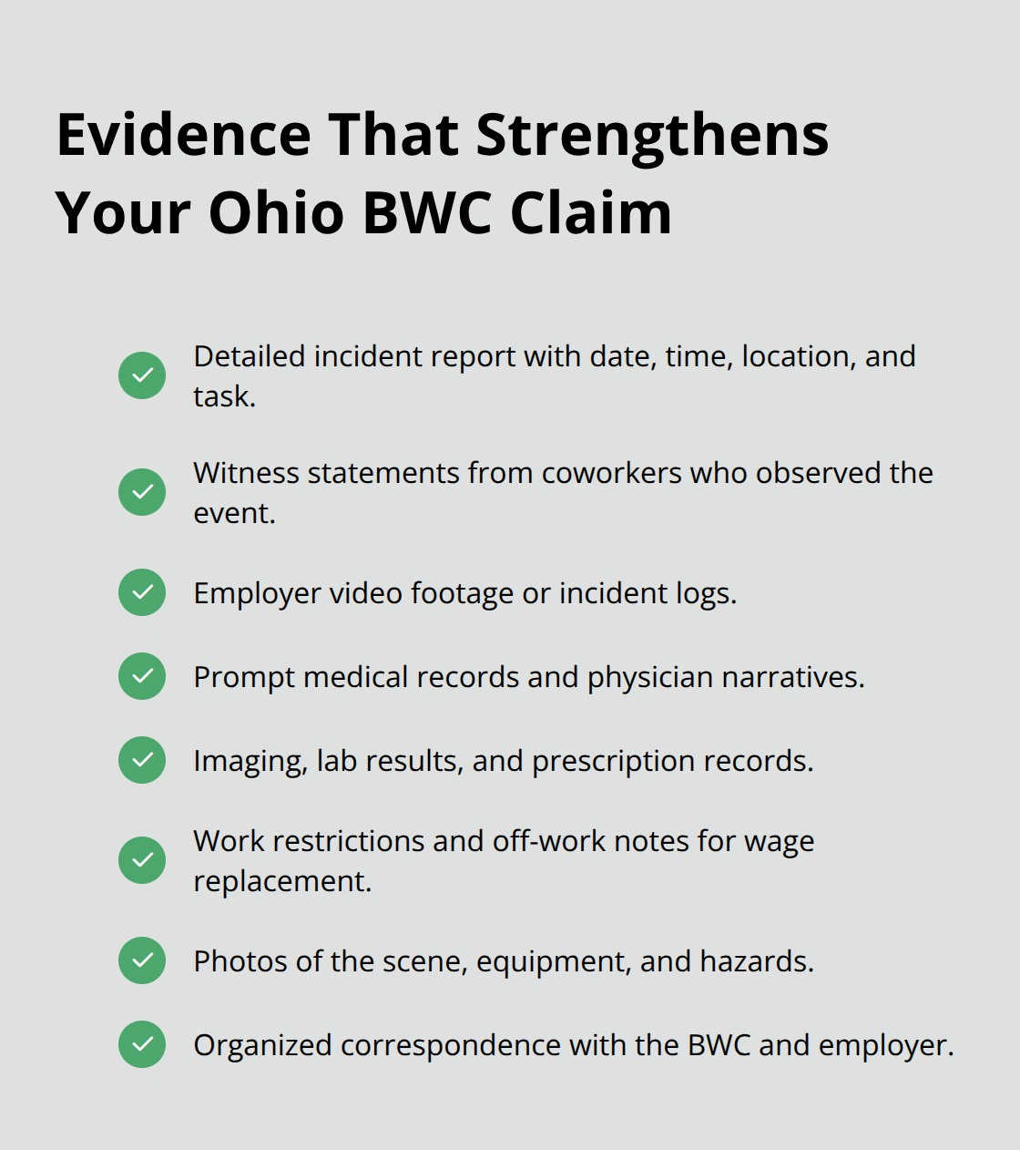Checklist of supporting evidence to organize for an Ohio BWC appeal hearing