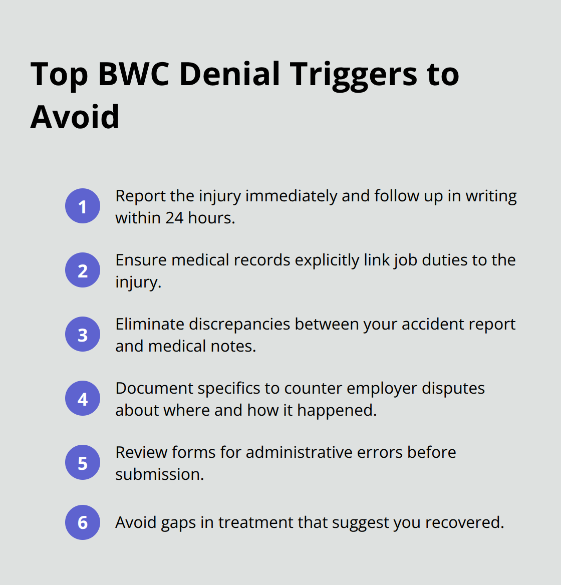 Compact list of the most common, preventable BWC claim denial causes in Ohio - BWC denial causes Ohio