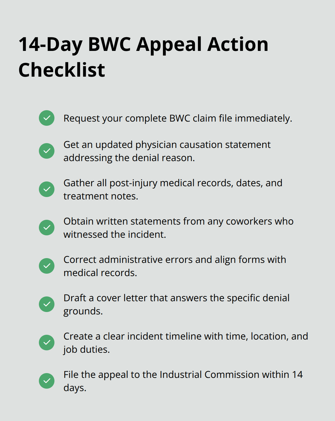 Checklist of critical steps to take within 14 days after an Ohio BWC denial - BWC denial causes Ohio