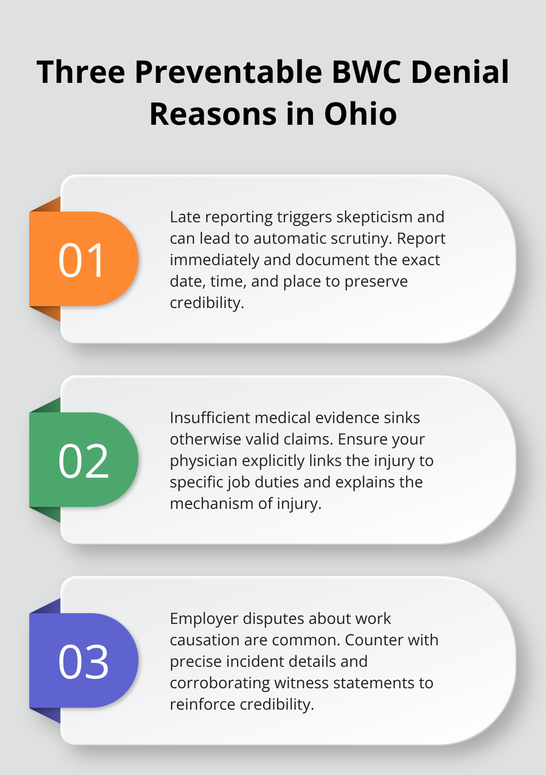 Infographic detailing the three preventable reasons Ohio BWC claims are denied - BWC denial reasons Ohio