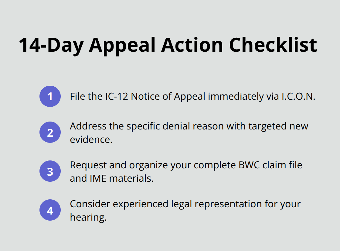 Checklist of the essential steps to file an Ohio BWC appeal within 14 days - BWC denial reasons Ohio