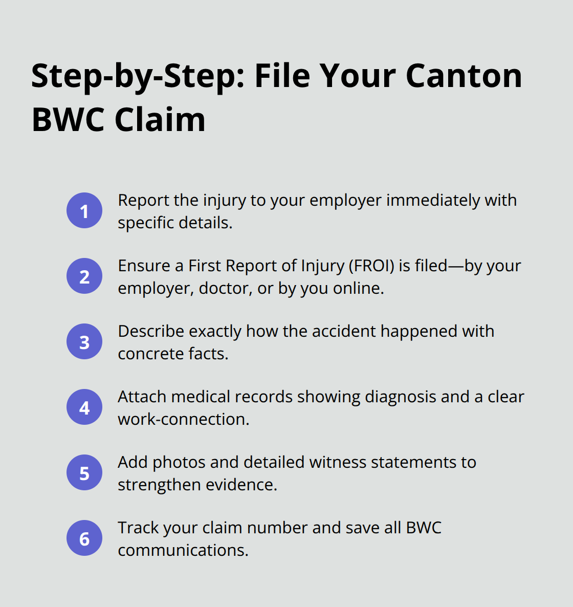 Compact checklist of actions to properly file an Ohio BWC claim in Canton.