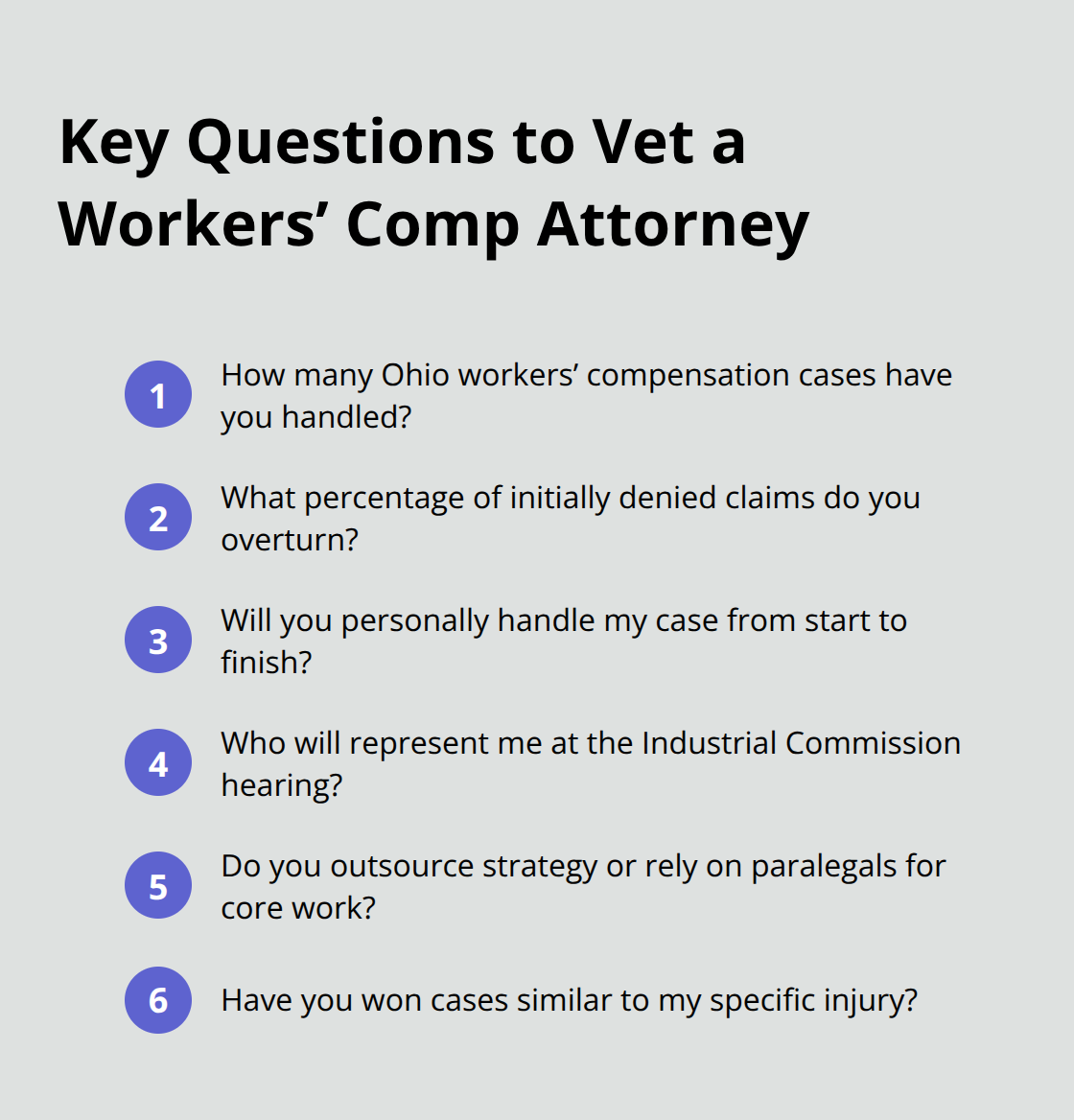 Compact list of essential questions to ask a prospective Ohio workers’ compensation attorney
