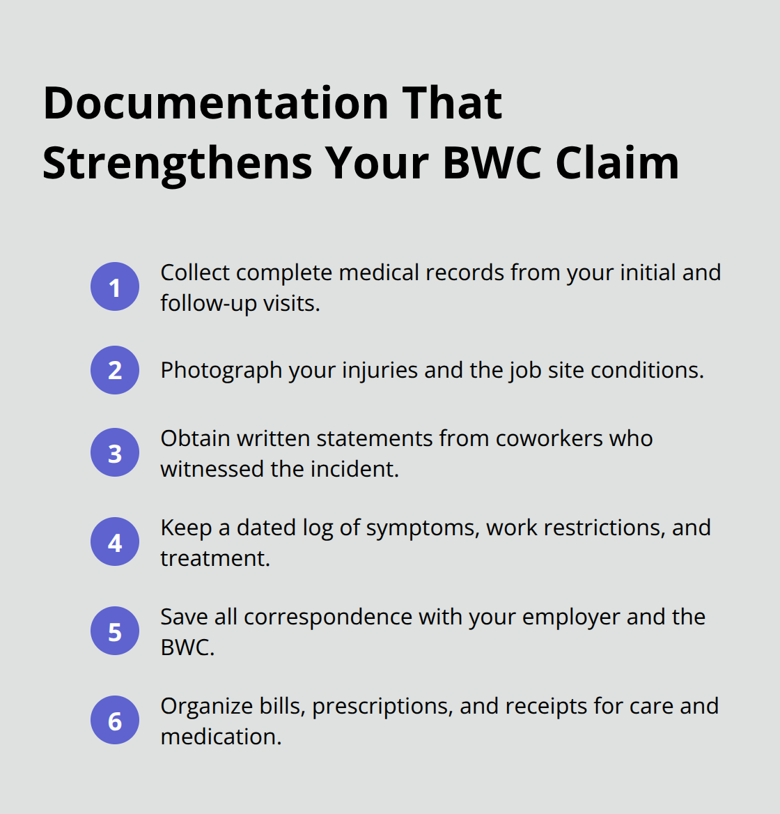 Compact checklist of key documents to compile during the BWC review window.