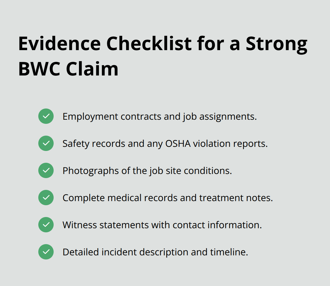 Checkmark list of key documents and proof to include in an Ohio workers' compensation claim - Construction injury Ohio rights