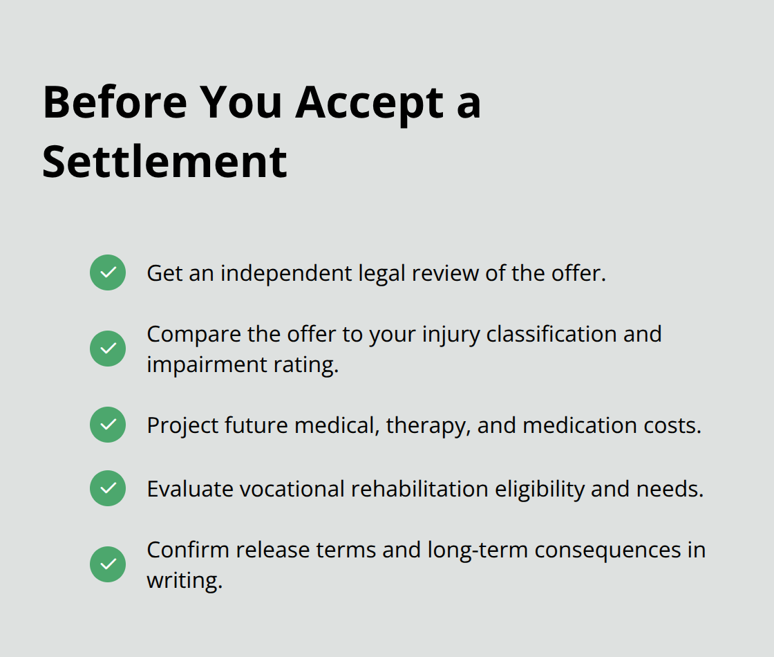 Checklist of critical steps to take before signing a workers’ compensation settlement in Ohio. - Construction injury Ohio rights