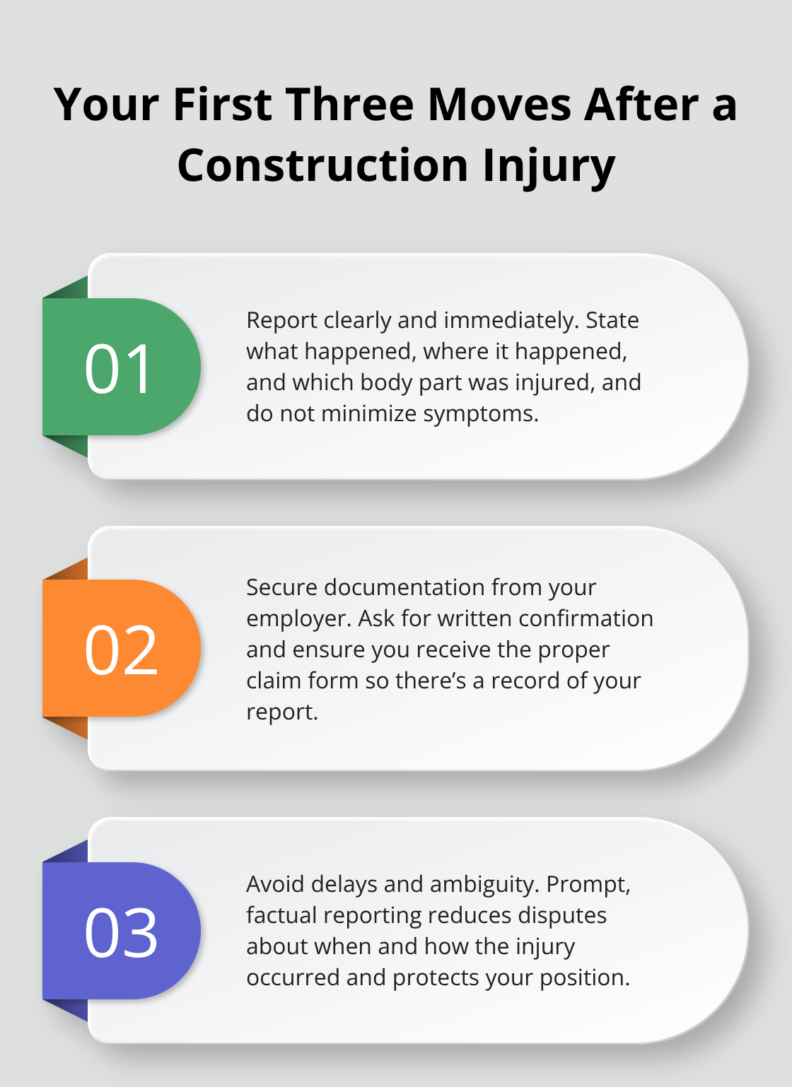 Three-step infographic outlining how Ohio construction workers should act immediately after an injury.