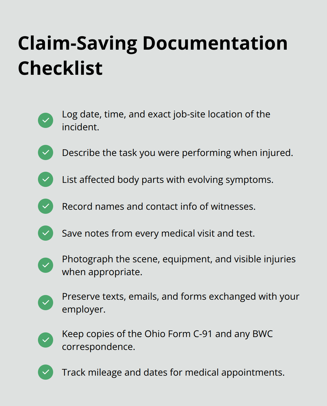 Checkmark list of documentation items Ohio construction workers should keep after a work injury. - Construction injury rights Ohio