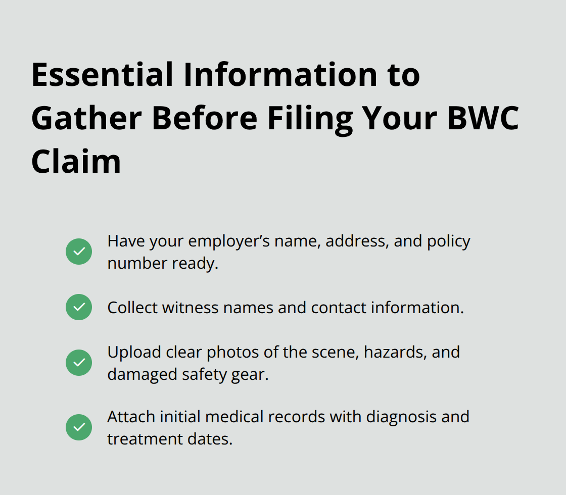 Checklist of key details and documents to prepare before filing an Ohio BWC claim. - Construction site injury claims