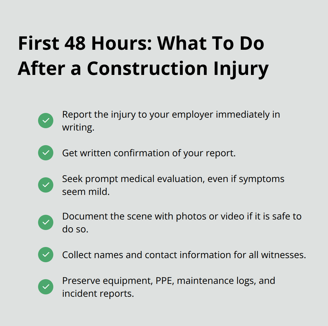 Checklist of immediate steps to take in the first 48 hours after a construction injury in Ohio. - Construction site injury rights