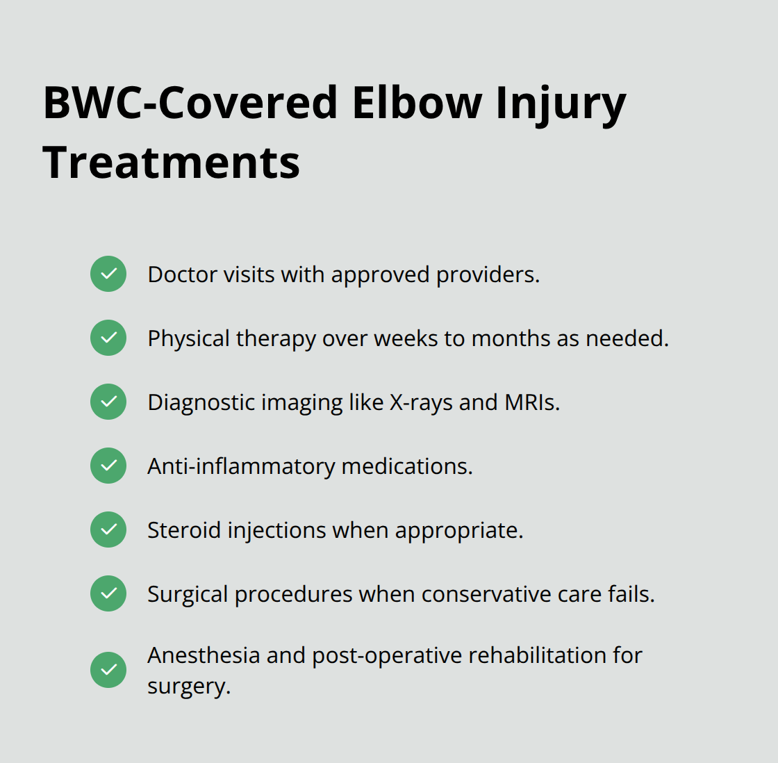 Checklist of medical treatments the Ohio BWC commonly covers for elbow injuries - Elbow injury Ohio rights