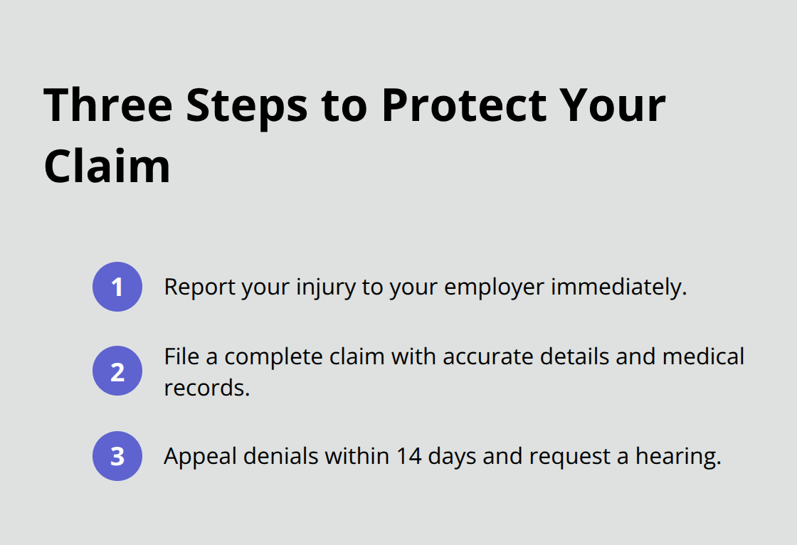 Compact list of three key actions: report, document, and appeal on time. - Elbow injury Ohio rights