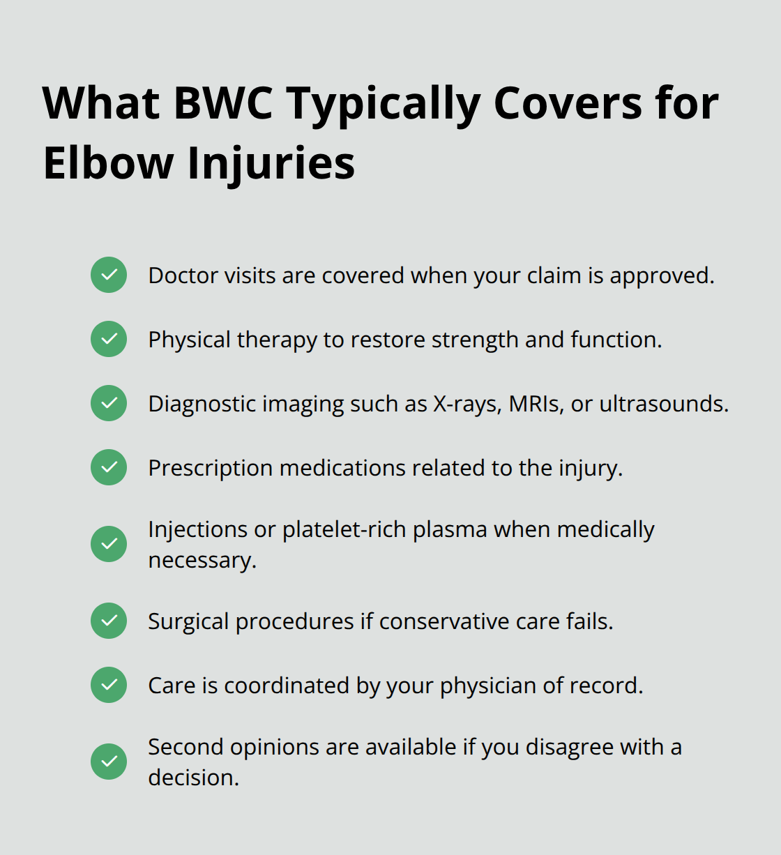 Checklist of medical treatments and processes commonly covered by the Ohio BWC for elbow injuries