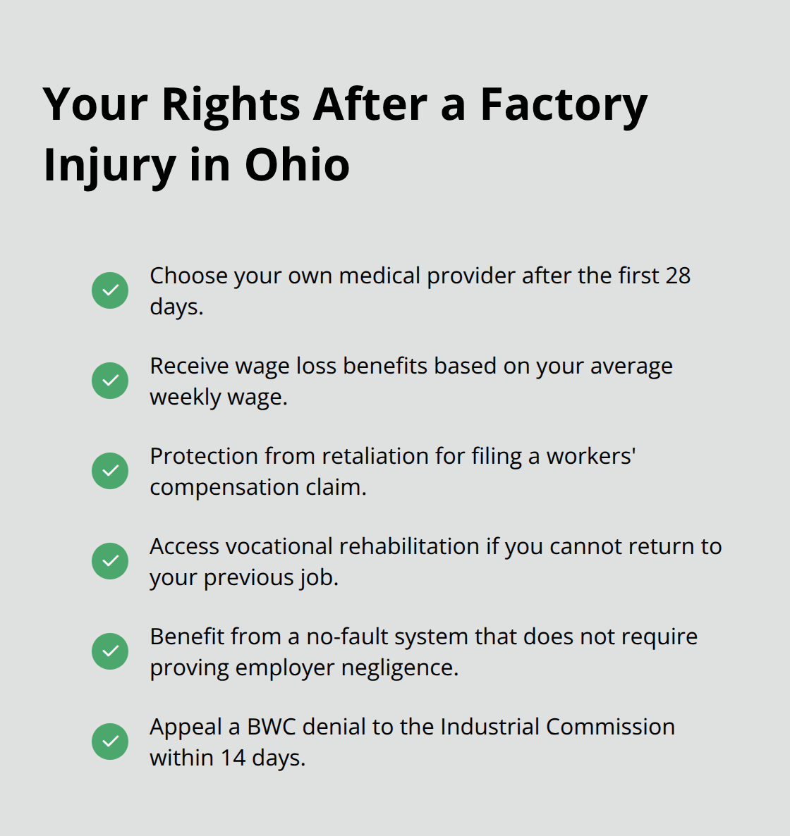 Checklist of core rights for injured Ohio workers - Factory injury benefits Ohio