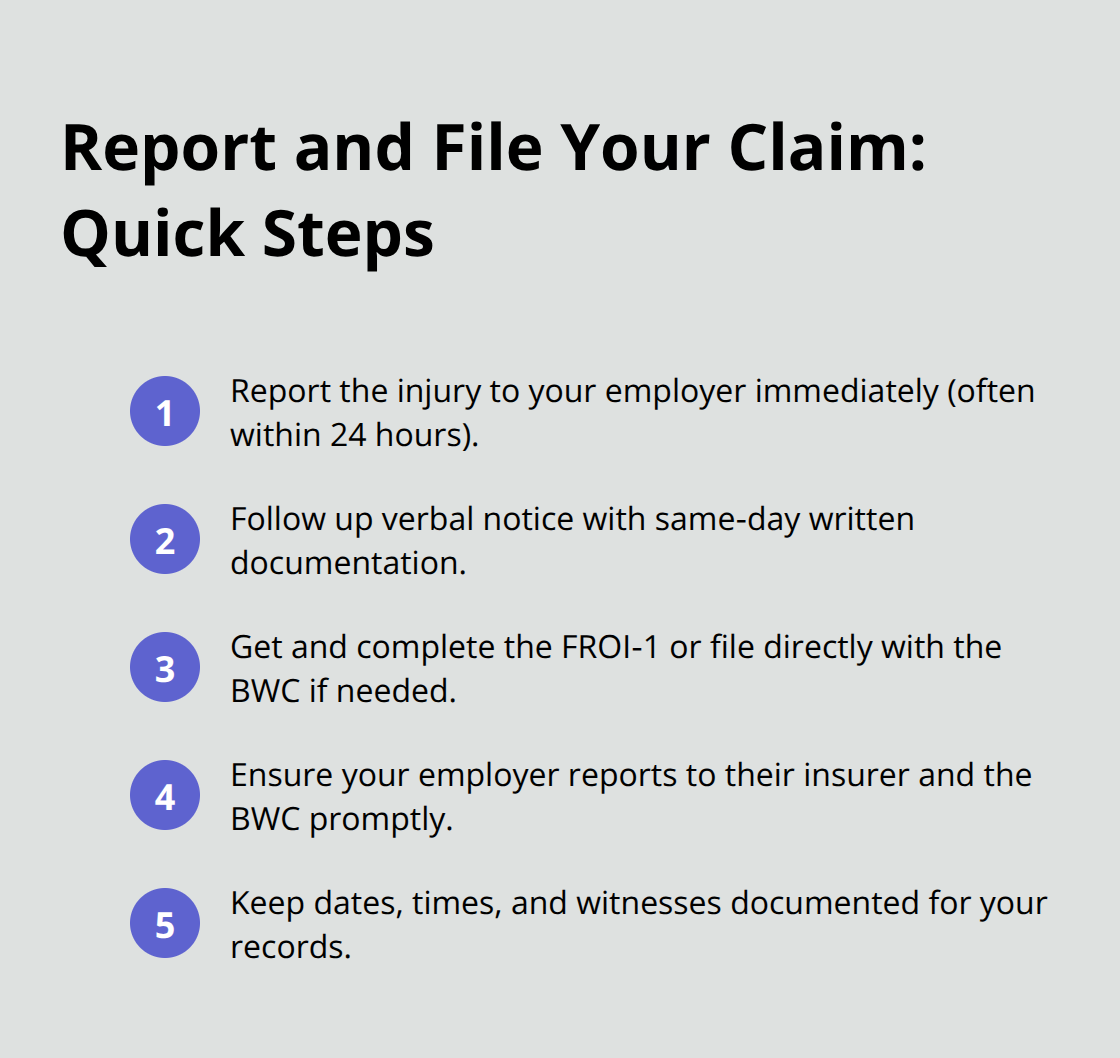 Compact checklist of immediate reporting and filing actions for Ohio factory injuries - Factory worker claim guide