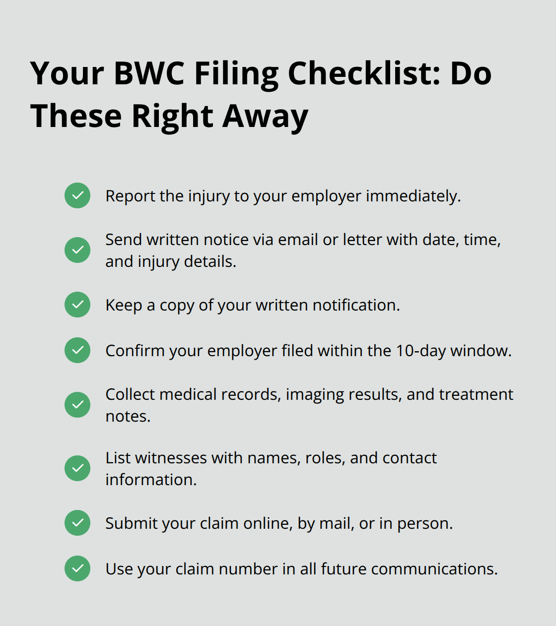 Checklist of key steps to file an Ohio BWC workers’ compensation claim