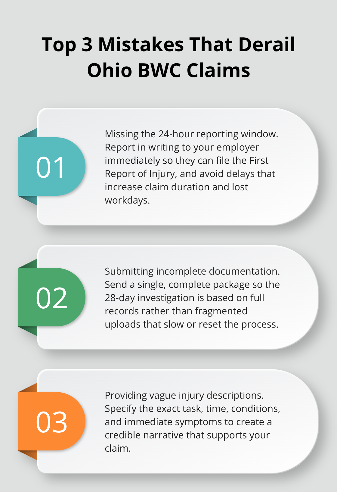 Three-item list detailing the most common, preventable mistakes in Ohio BWC filings. - File BWC claim Ohio