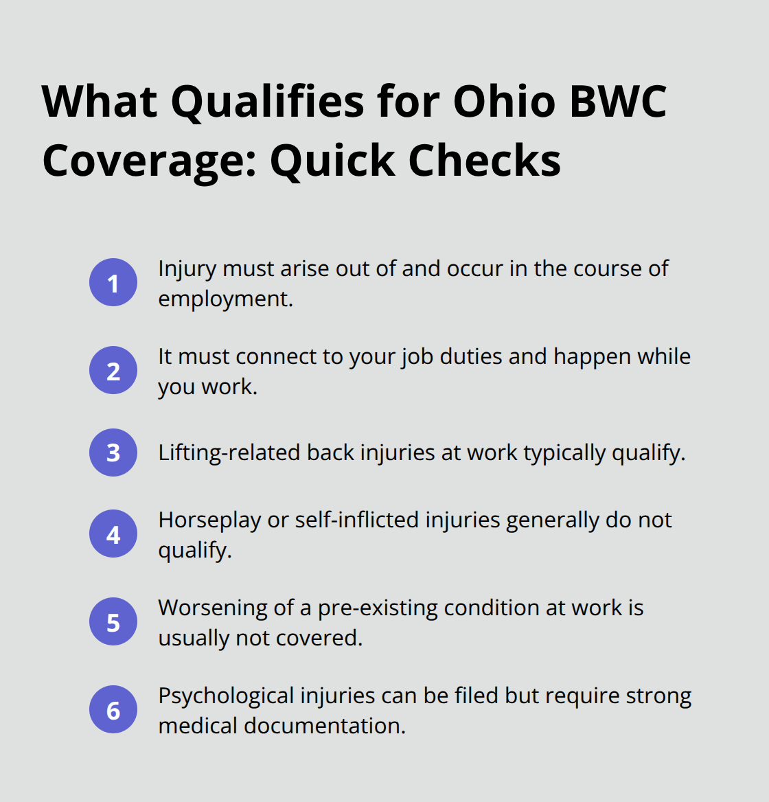 Quick checklist of what typically qualifies or does not for Ohio BWC claims