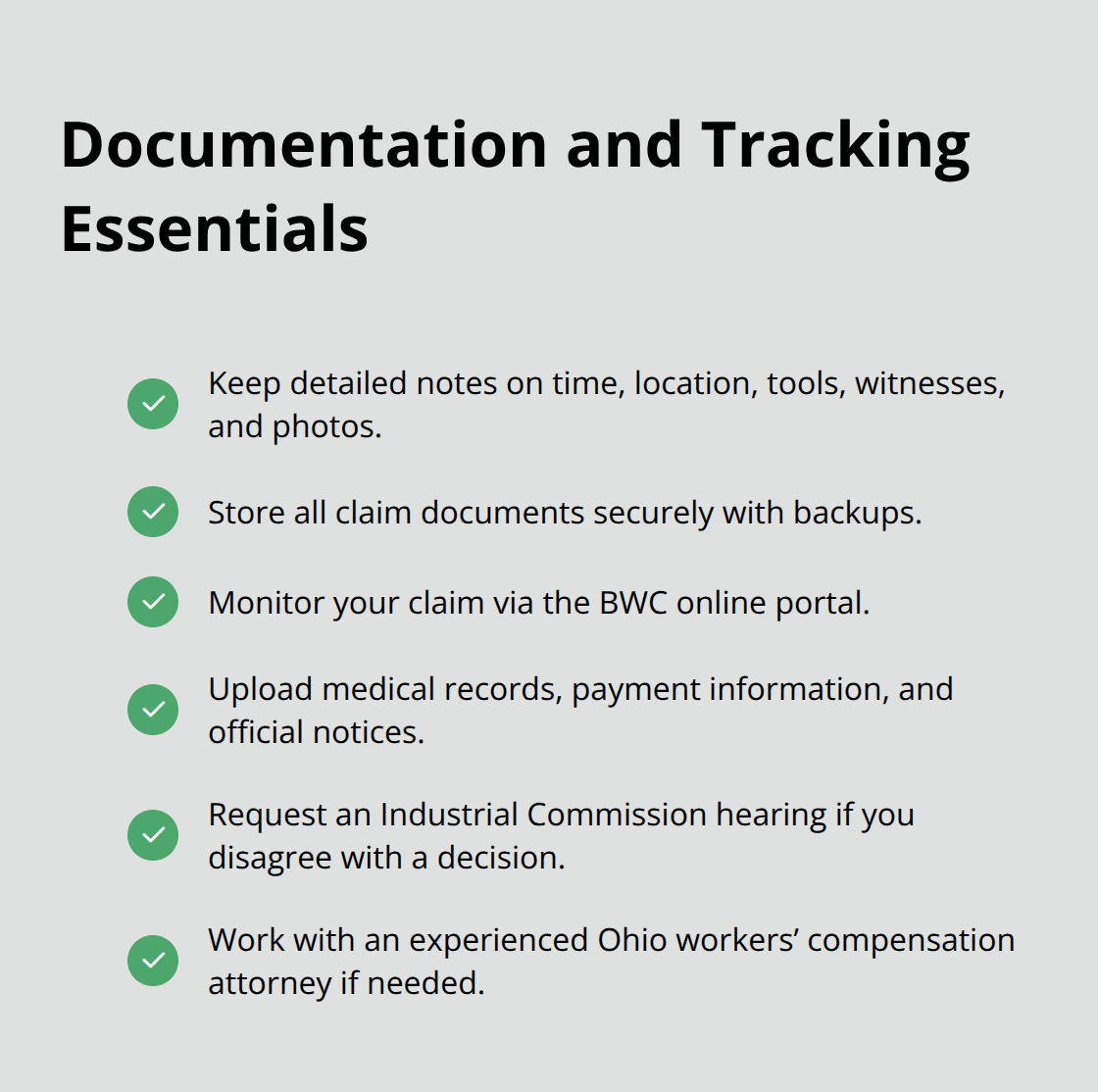 Checklist of key record-keeping and portal actions to support an Ohio BWC claim. - Filing Ohio BWC claim