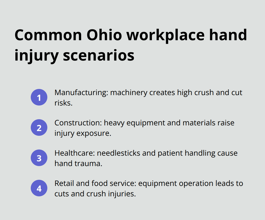 Sectors and scenarios where Ohio workers most often suffer hand injuries