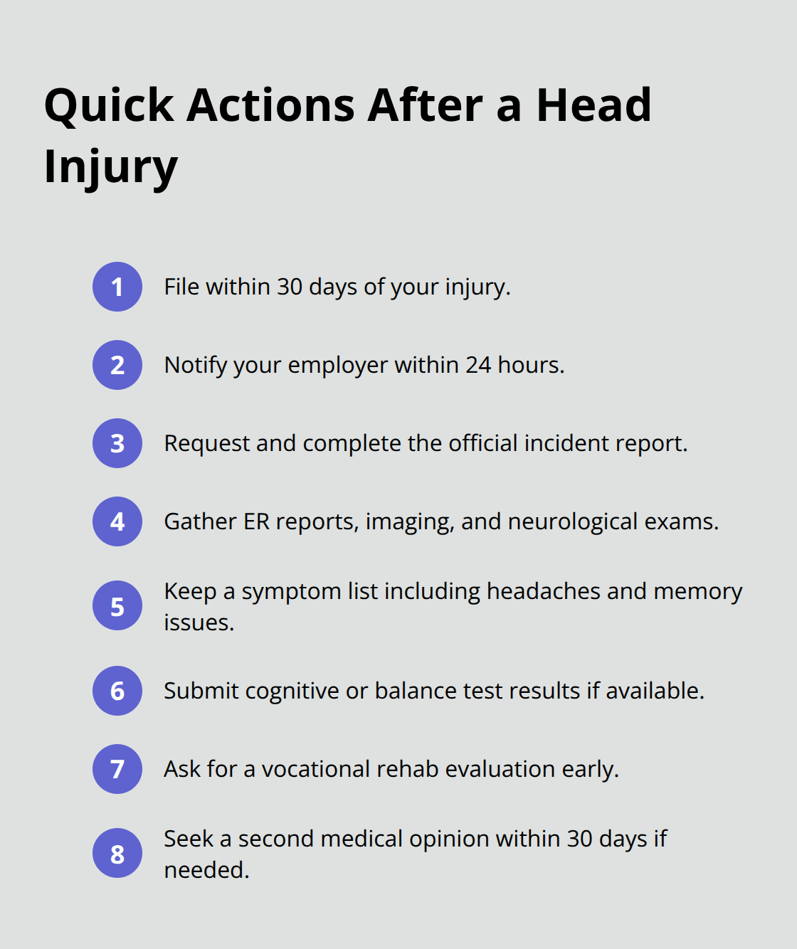 Compact checklist of immediate steps to file and support an Ohio head injury workers’ compensation claim.