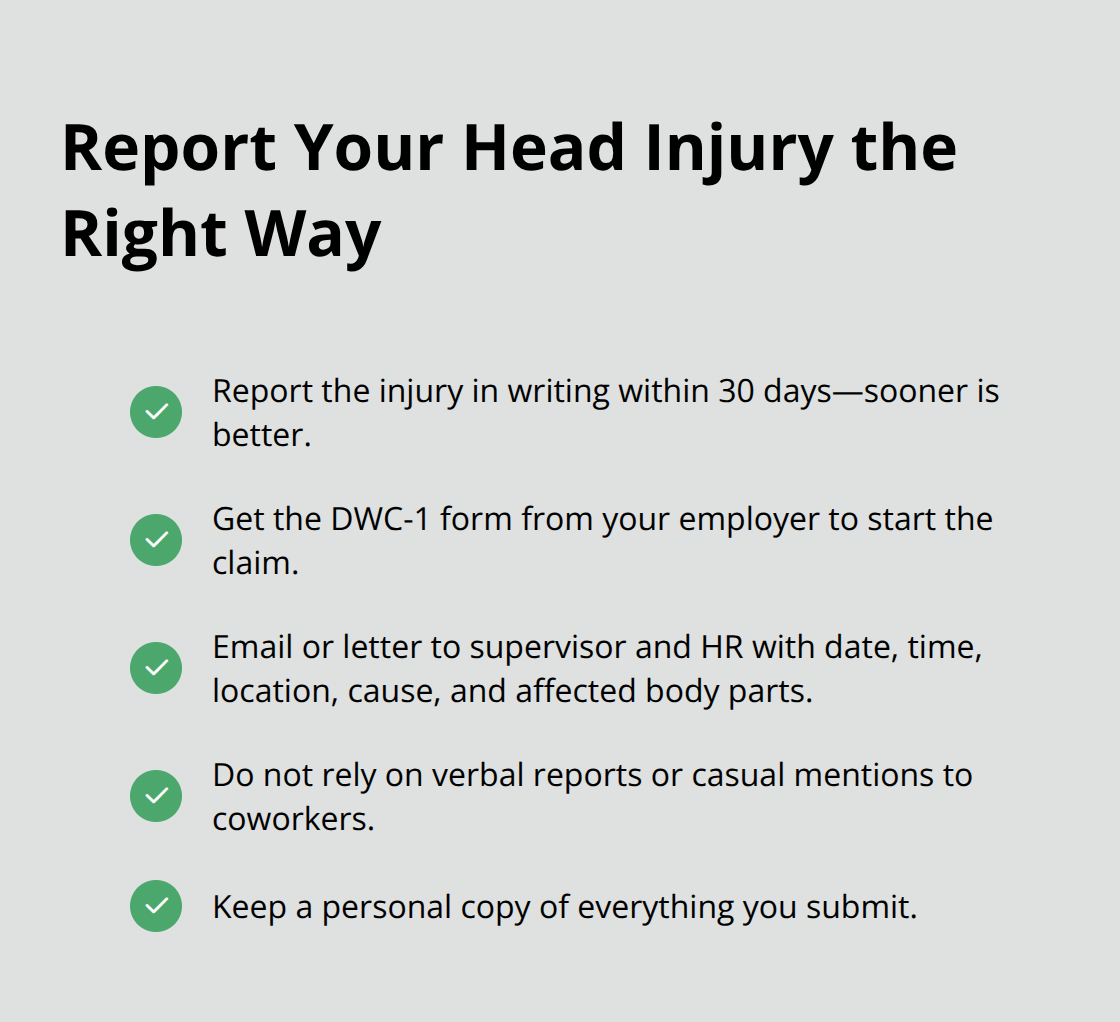 Checklist of steps to report a workplace head injury in Ohio