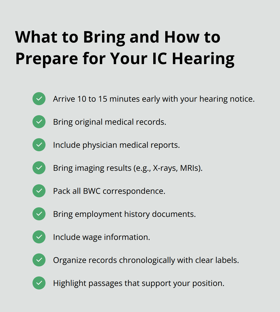 Checklist of documents to bring and preparation steps for an Ohio Industrial Commission hearing. - Industrial Commission appeal Ohio