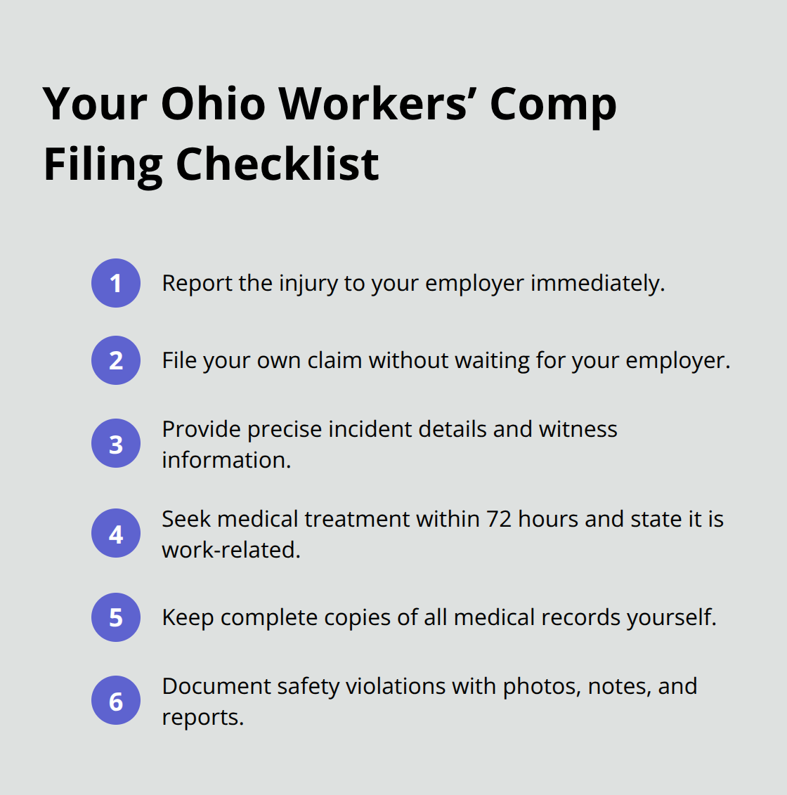 Compact checklist of key steps to correctly file an Ohio workers’ compensation claim