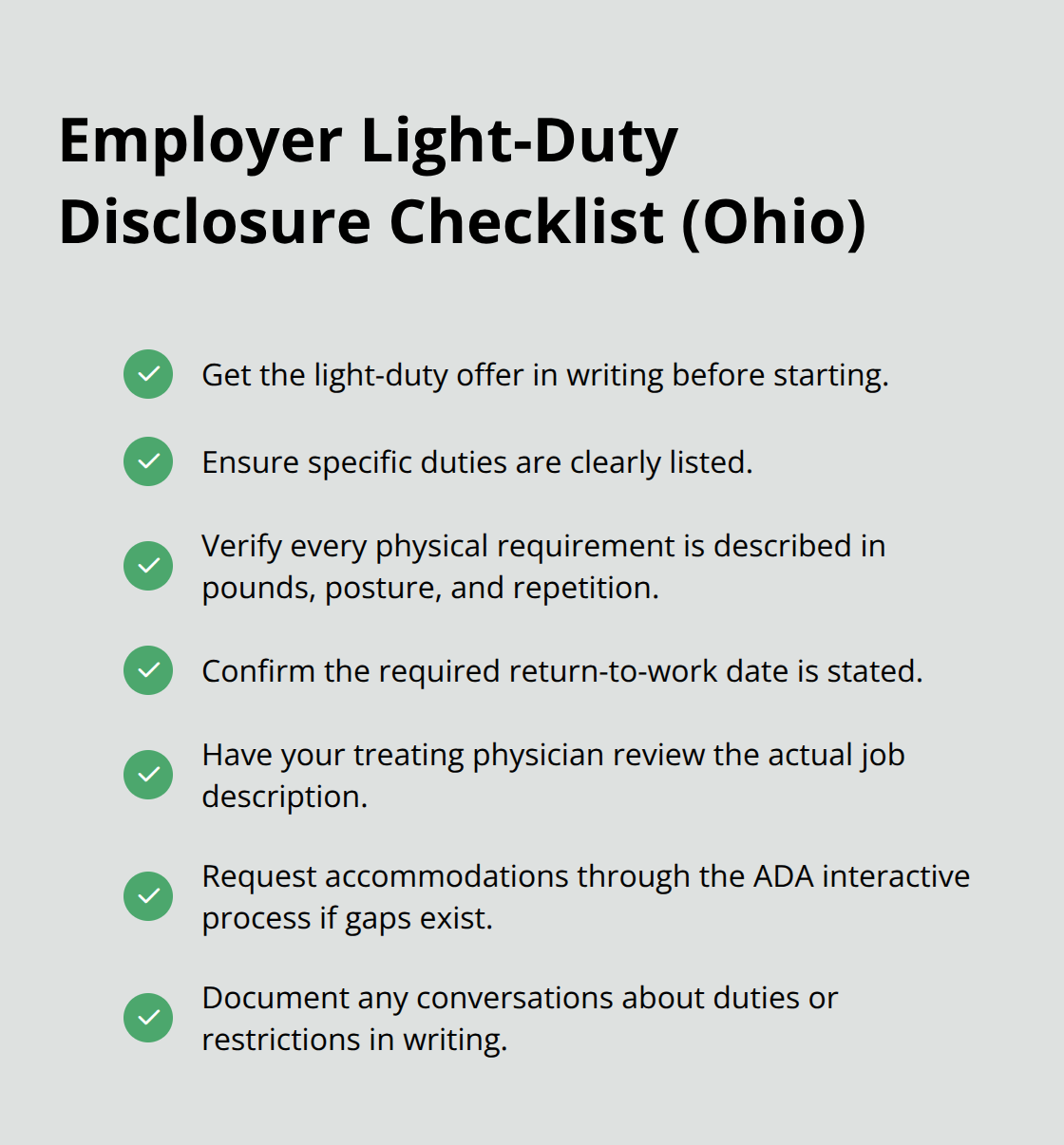 Checklist of required employer disclosures for light-duty work under Ohio rules - Injury rights after work
