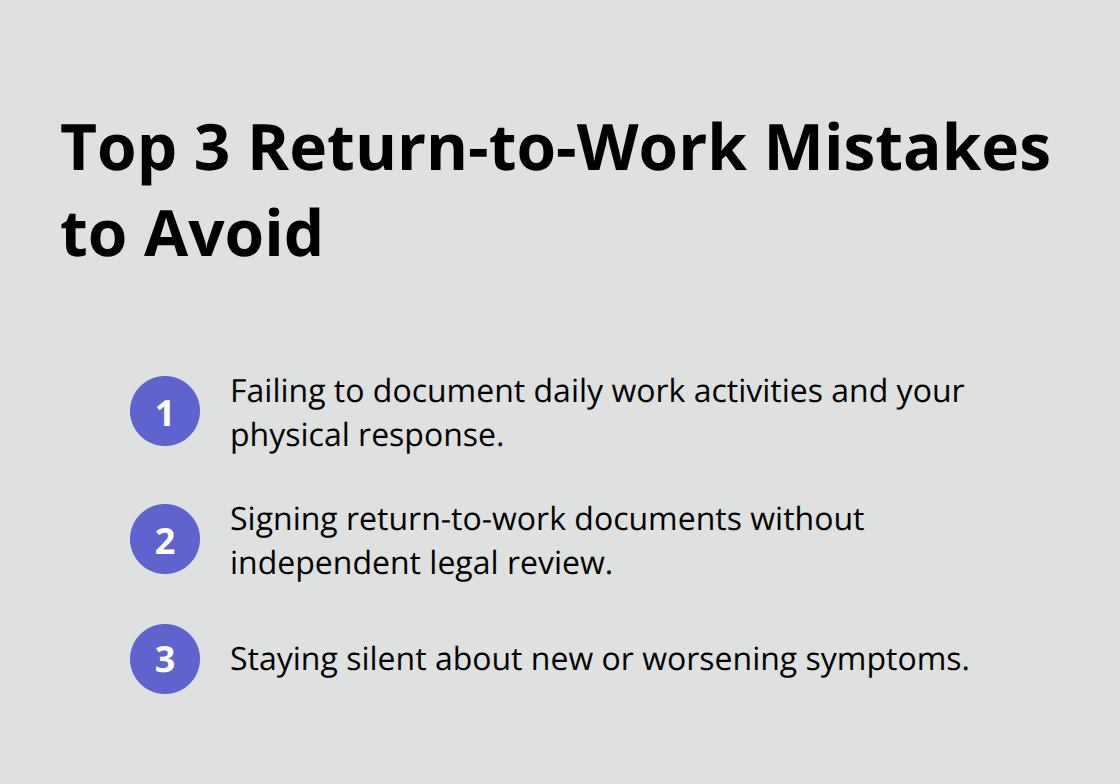 Compact list of the three most common return-to-work mistakes to avoid