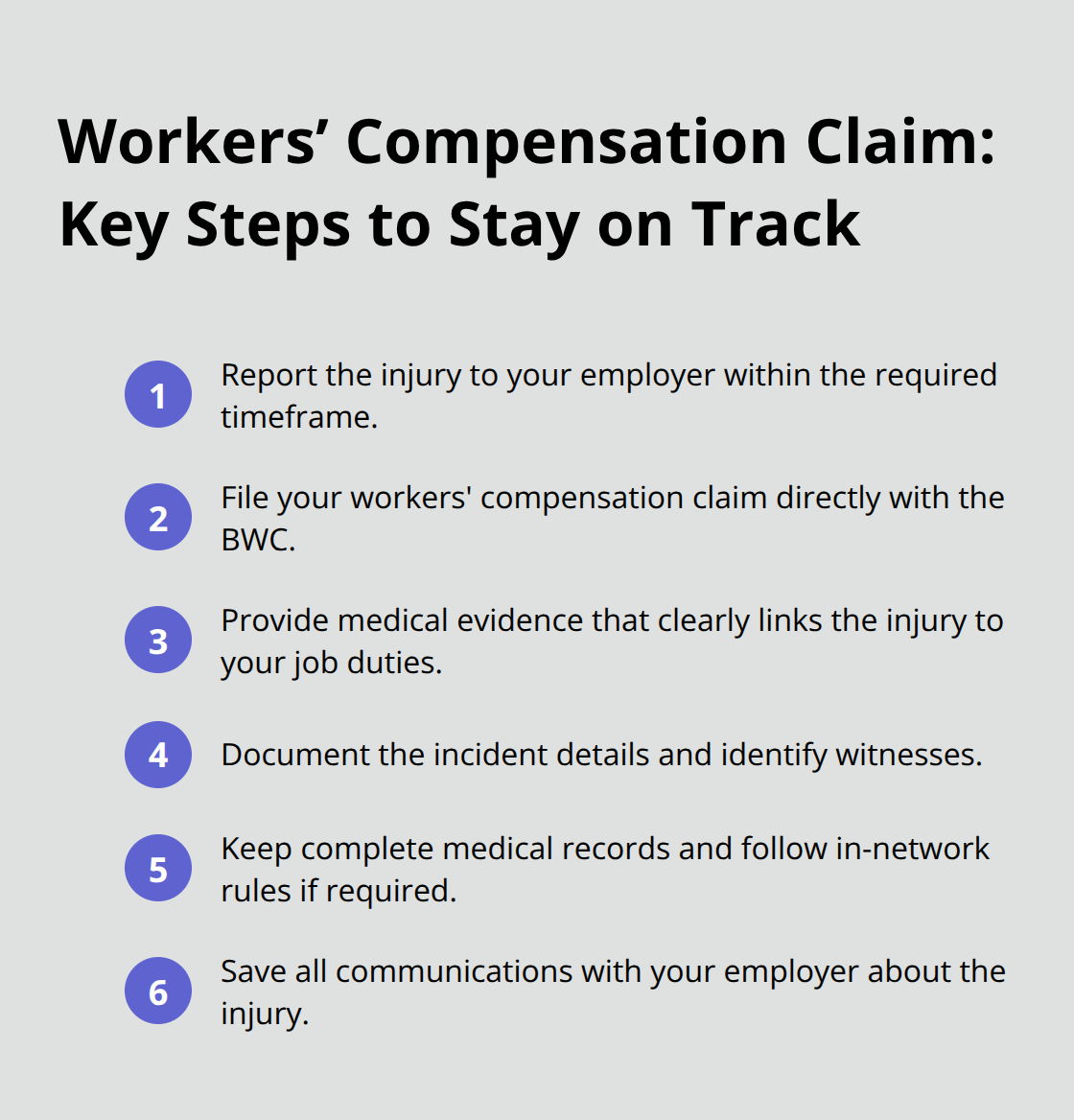 Compact list of essential steps to file and support an Ohio workers’ compensation claim - Injury rights at workplace