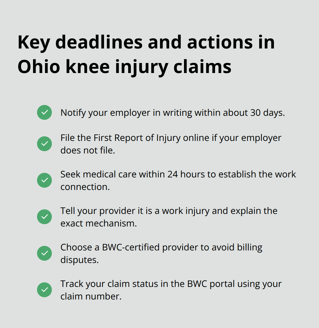 Checklist of critical timelines and actions for Ohio BWC knee injury claims