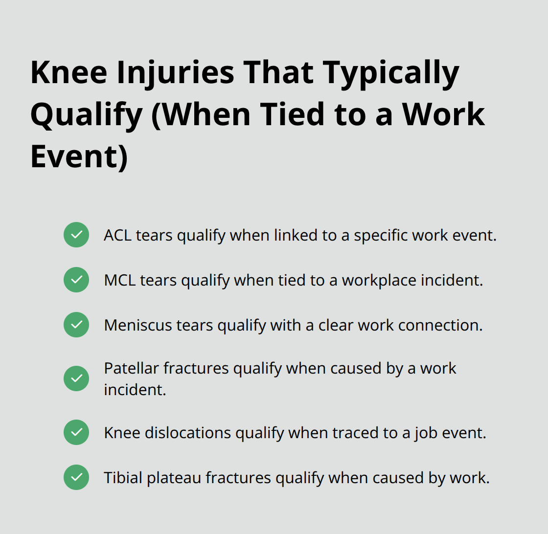 Checklist of common knee injuries that qualify for Ohio workers’ compensation when linked to a specific workplace incident.