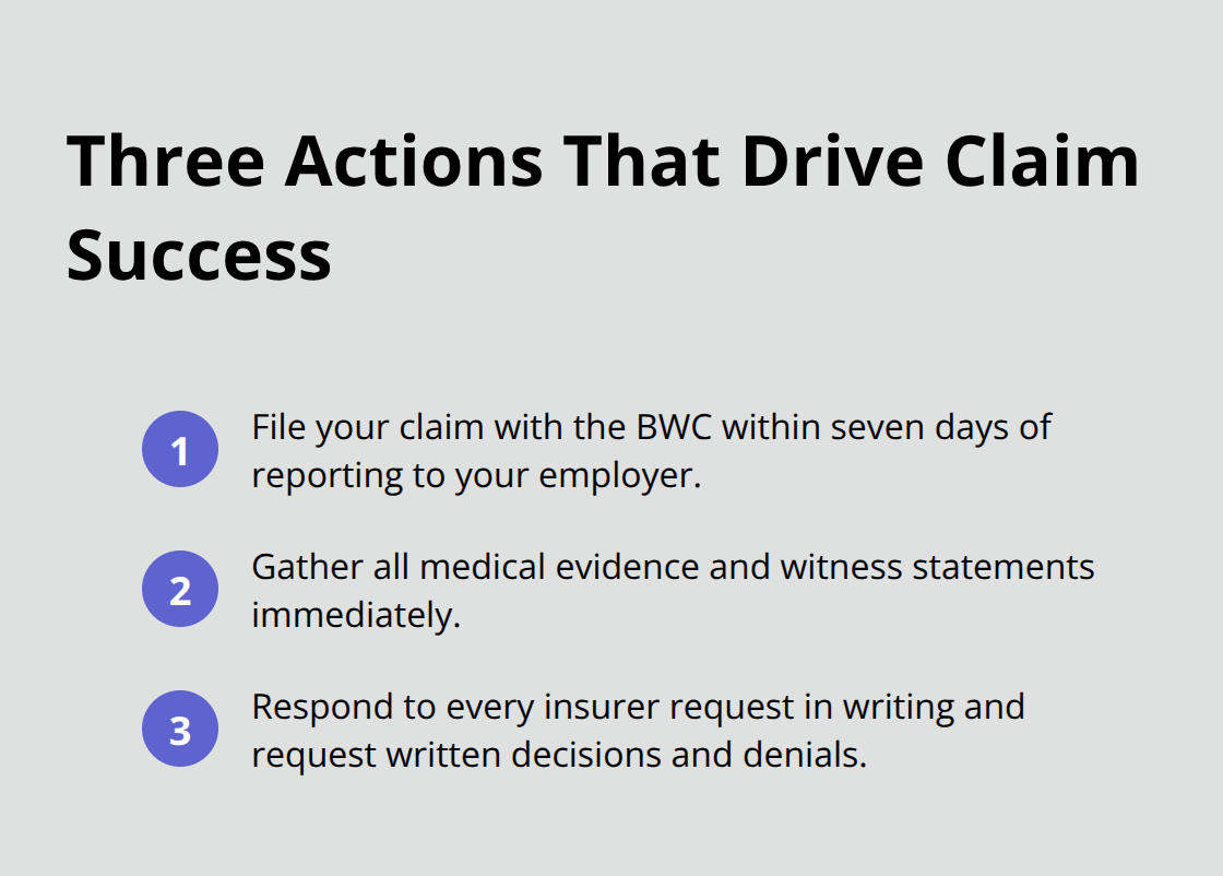 Compact ordered list of three must-do actions to strengthen an Ohio knee-injury claim. - Knee injury rights Ohio