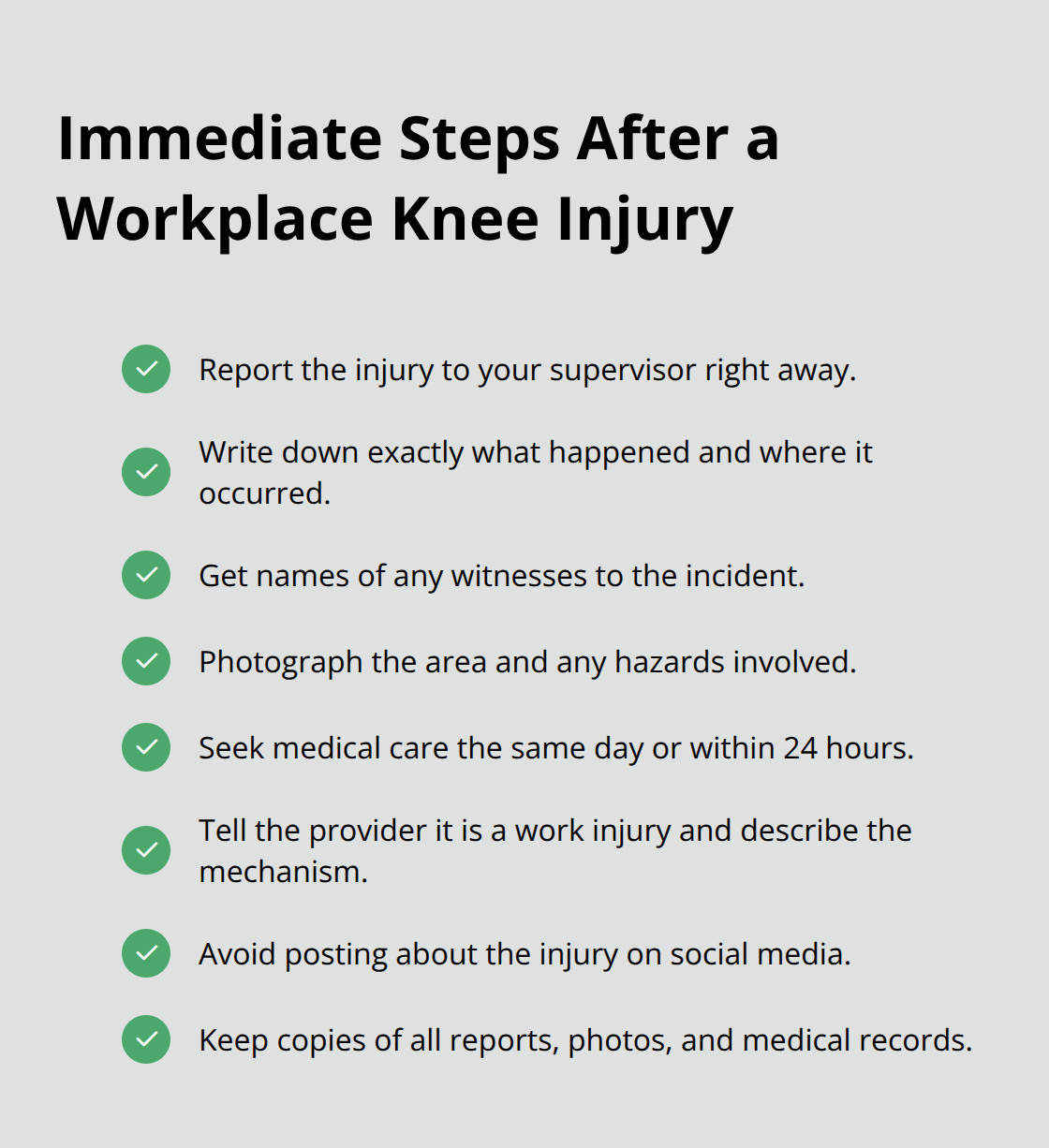 Checklist of what to do immediately after a knee injury at work - Knee injury workers comp