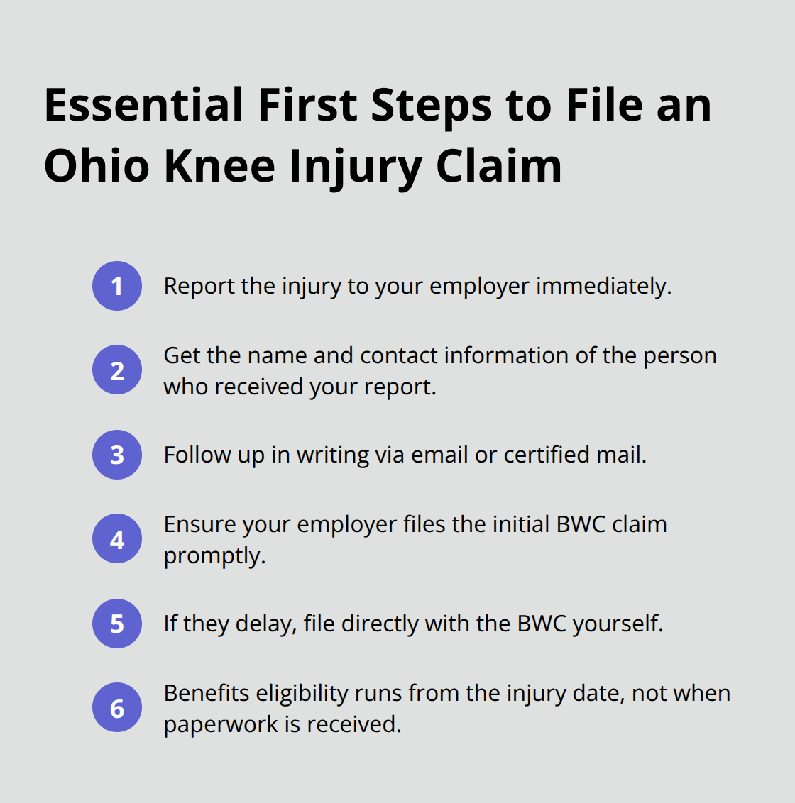 Compact checklist of first steps to report and file a knee injury workers’ compensation claim in Ohio