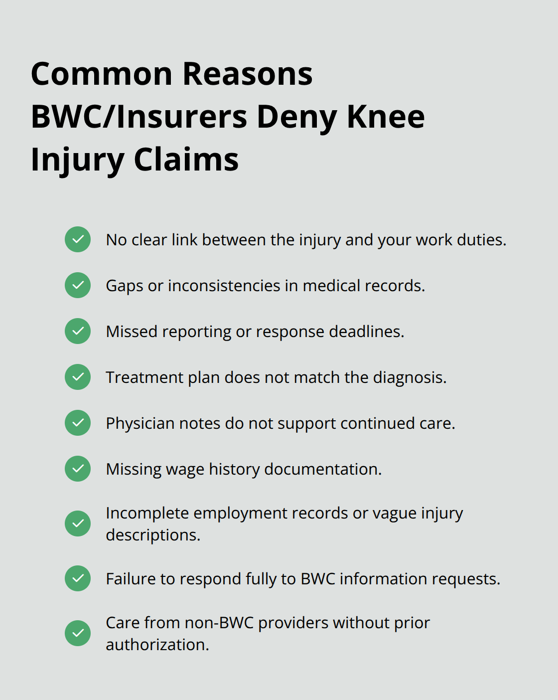 Checkmark list of frequent denial reasons for Ohio knee injury workers’ compensation claims - Knee injury workplace rights