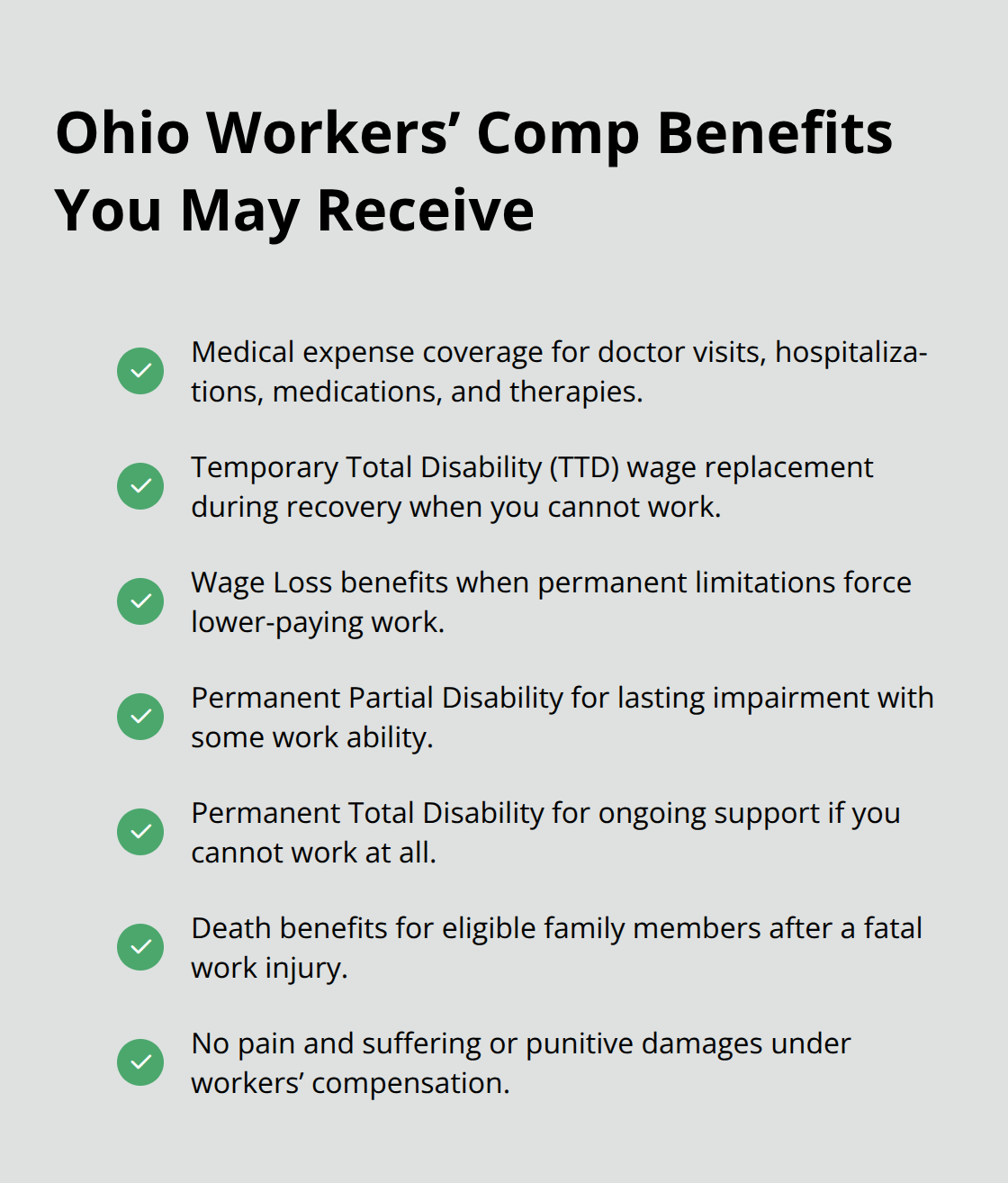 Checklist of common Ohio workers’ compensation benefits described in the article - Legal rights after injury
