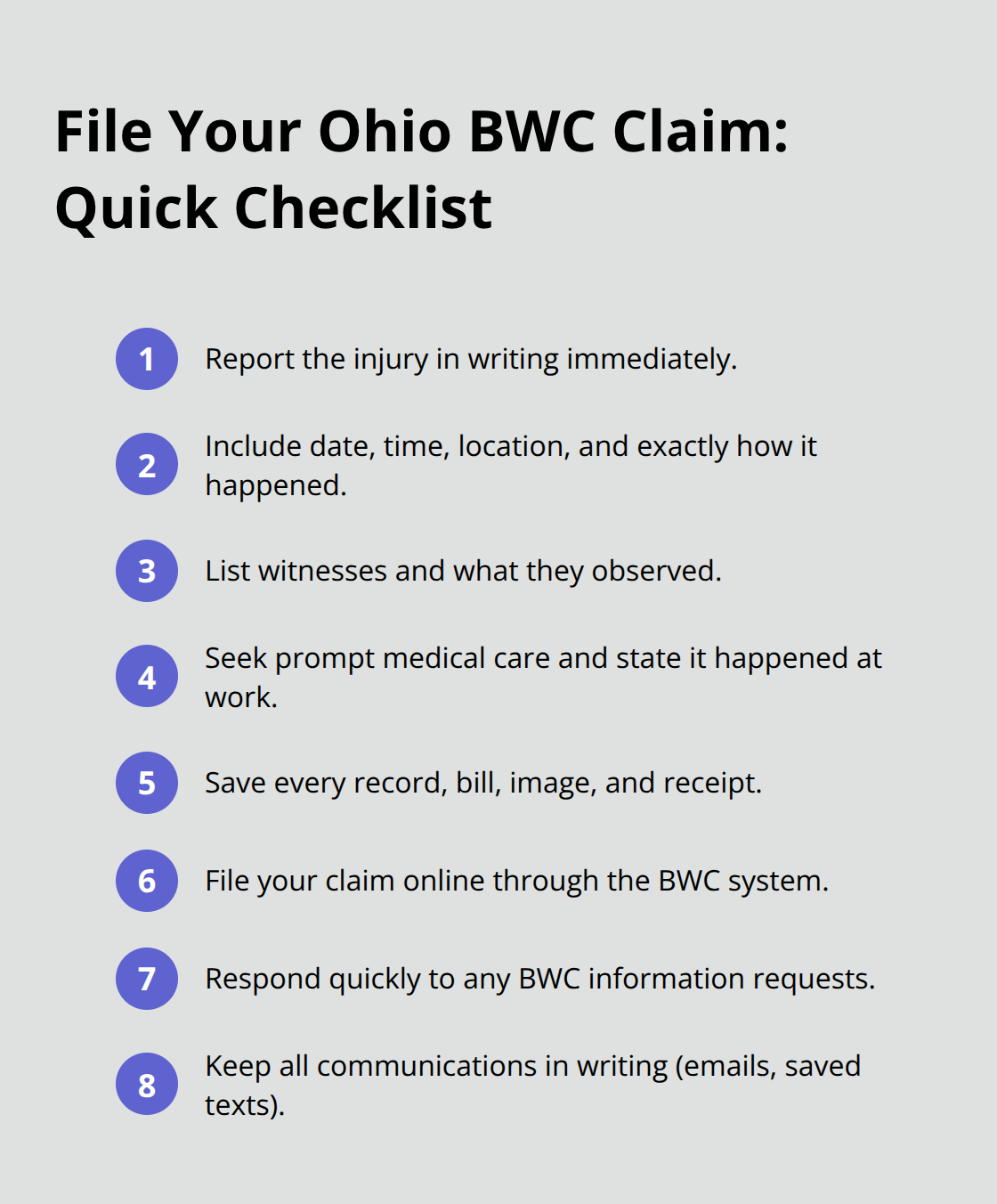 Compact checklist of steps to file an Ohio workers’ compensation claim correctly