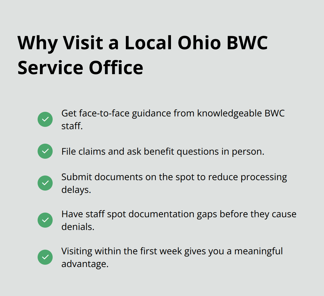 Checkmark list of benefits of using a local Ohio BWC service office for workers’ compensation help. - Local Ohio BWC resources