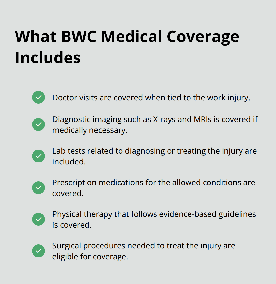 Checklist of medical services typically covered by the Ohio BWC for work-related injuries. - Medical treatment rights Ohio