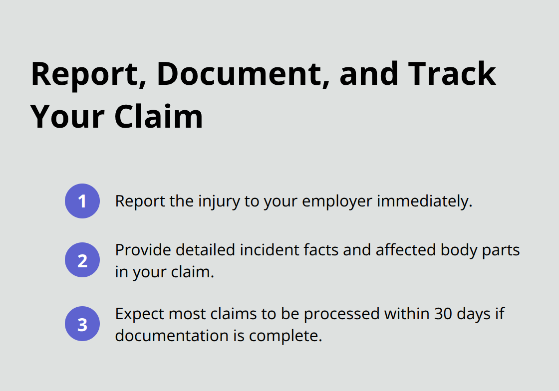 Three-step overview to report an injury, provide details, and understand the 30-day processing timeline. - Medical treatment rights Ohio