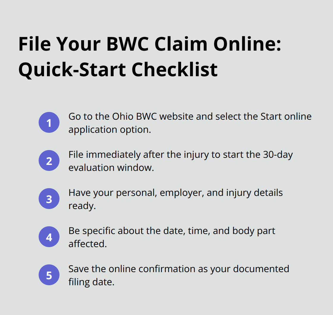 Compact list of steps to file an Ohio BWC claim online quickly - Northeast Ohio BWC claim