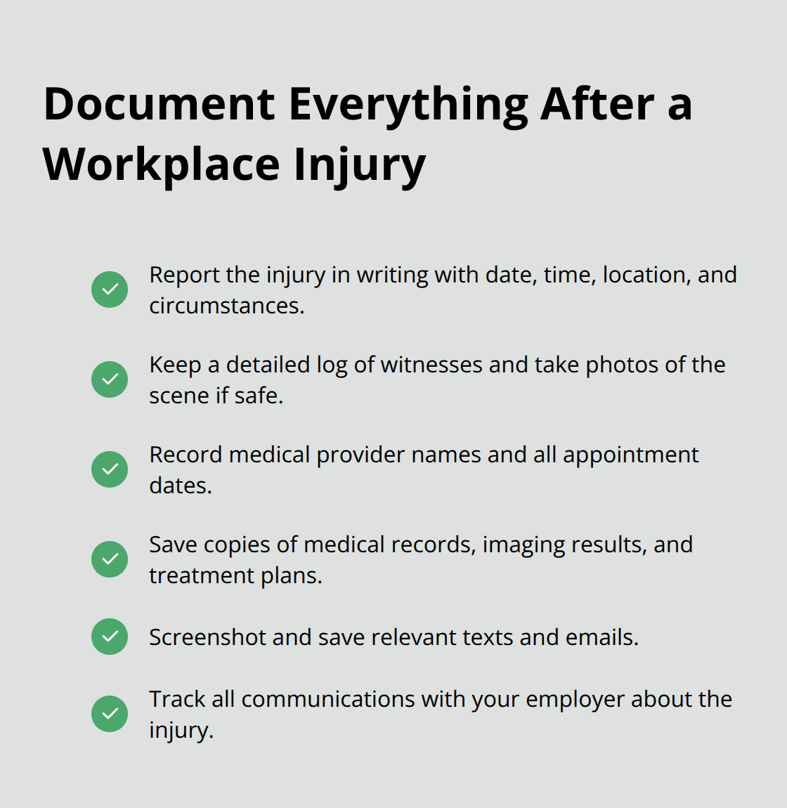 Checklist infographic of key records to keep after a workplace injury in Ohio.